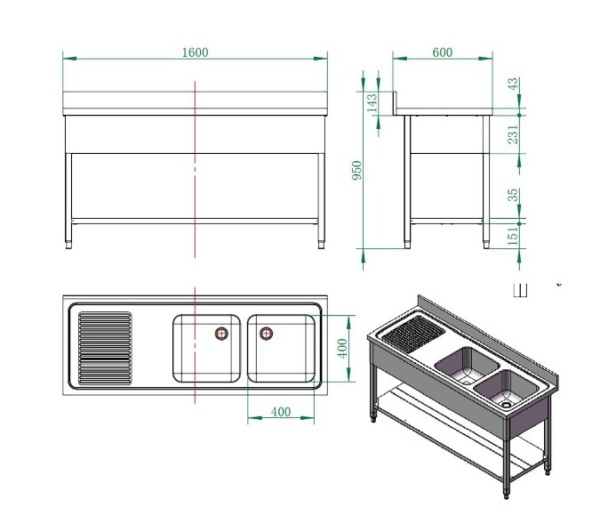 Spültisch 160 x 60cm 2 Becken rechts und Abtropffläche – Bild 4