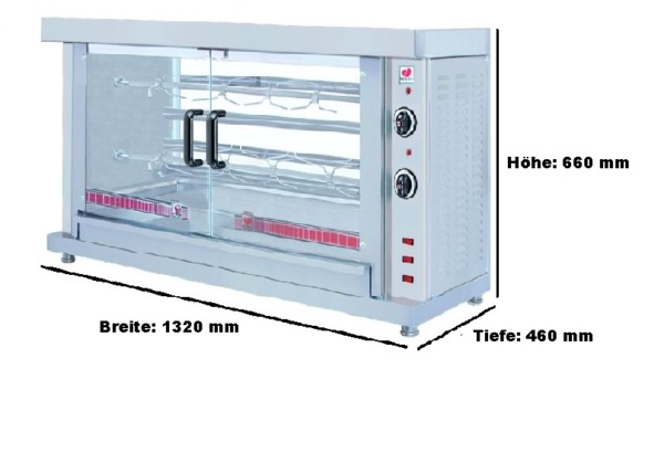 Hähnchen Grill Elektro 2 Spieße 8-10 Hähnchen  Breite: 1320 mm Tiefe: 460 mm Höhe: 660 mm