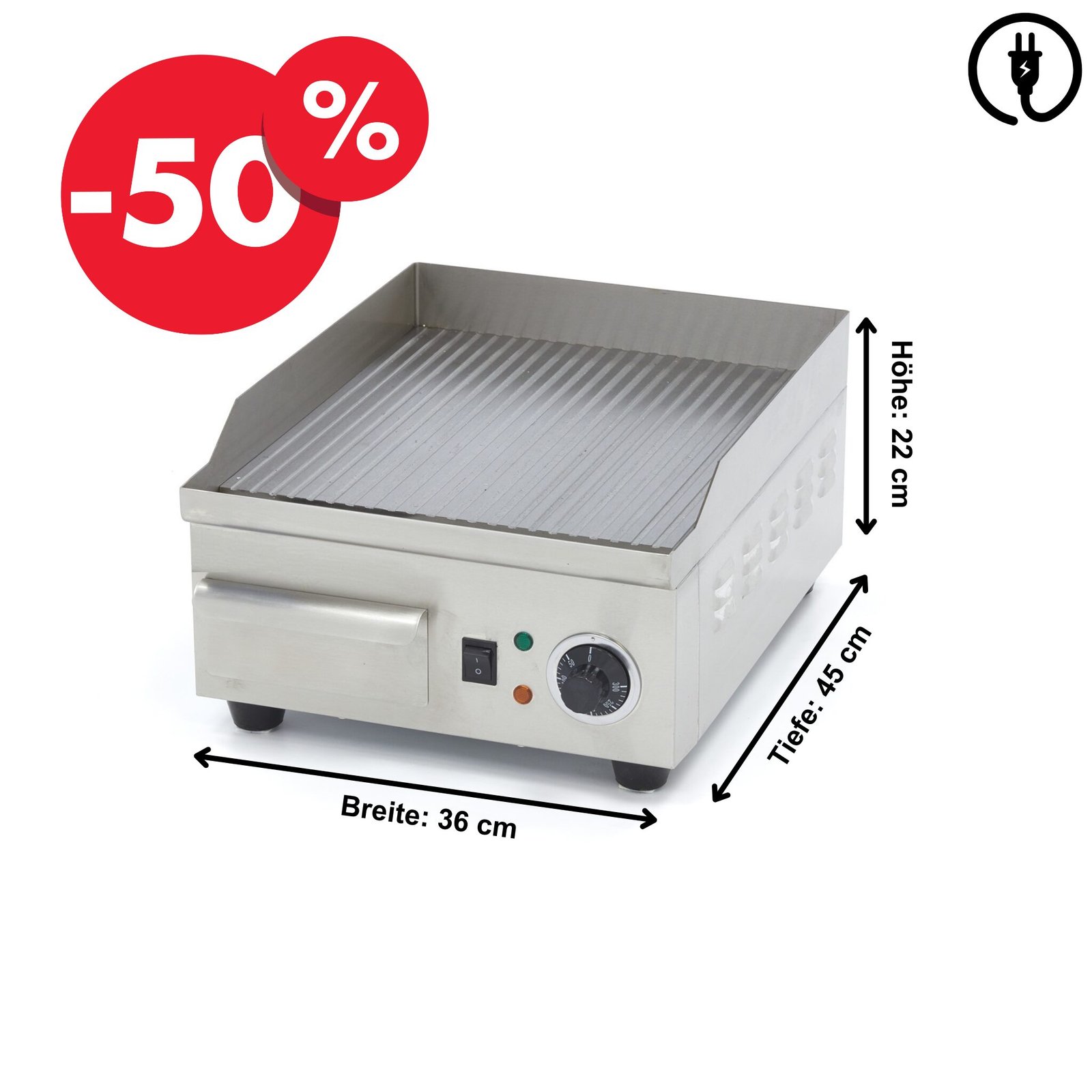 Elektro Grillplatte 36 cm Gerillt 230 Volt - 2 kW inkl. Tropfschale