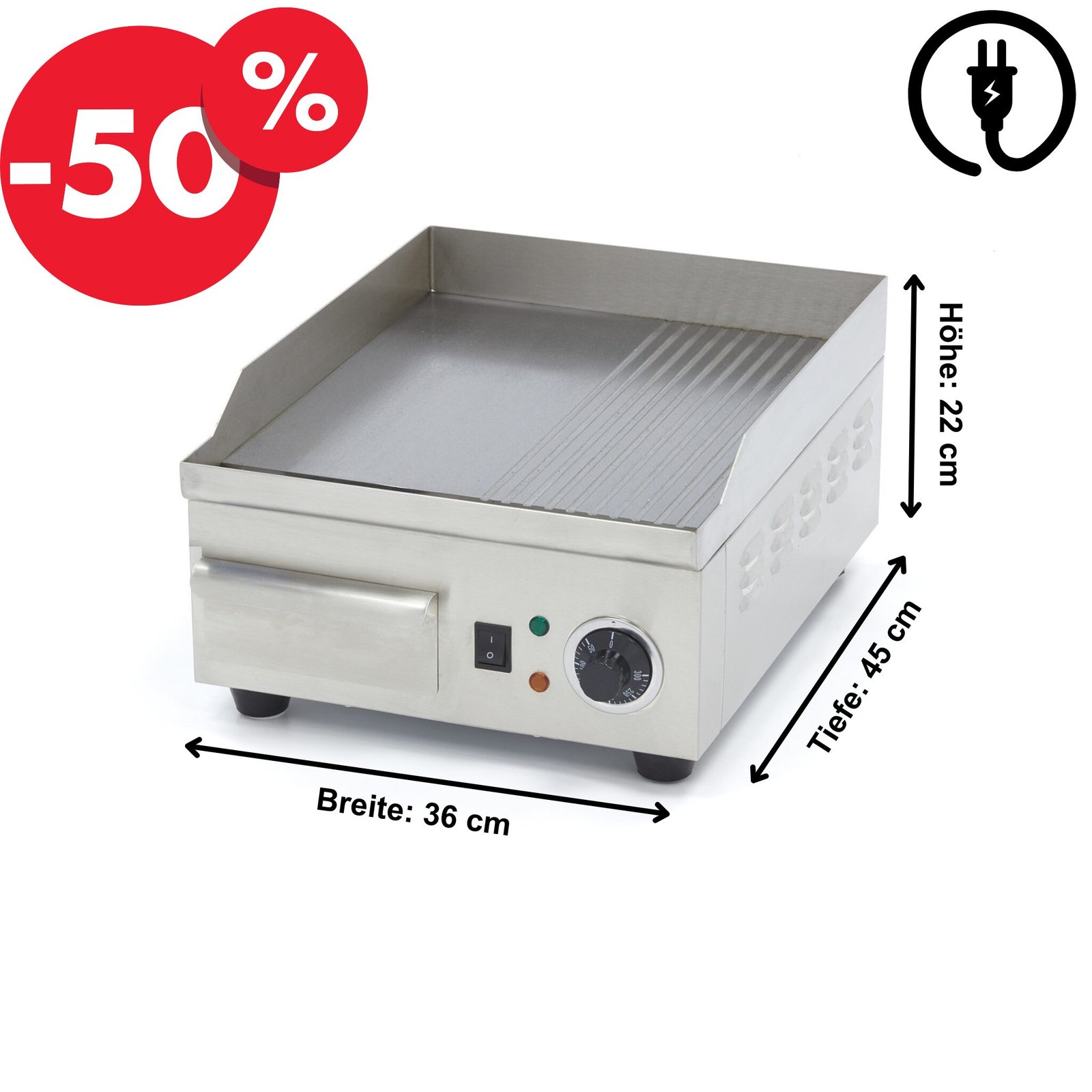 Elektro Grillplatte 36 cm Gerillt & Glatt 230 Volt – 2 kW inkl. Tropfschale