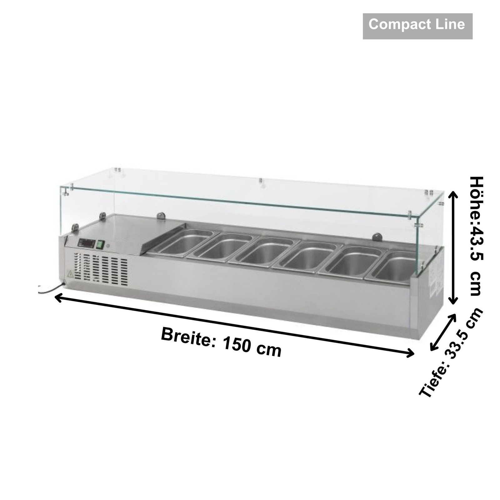 Kühlaufsatz 1500 x 330mm mit Glasabdeckung 7 x GN 1/4