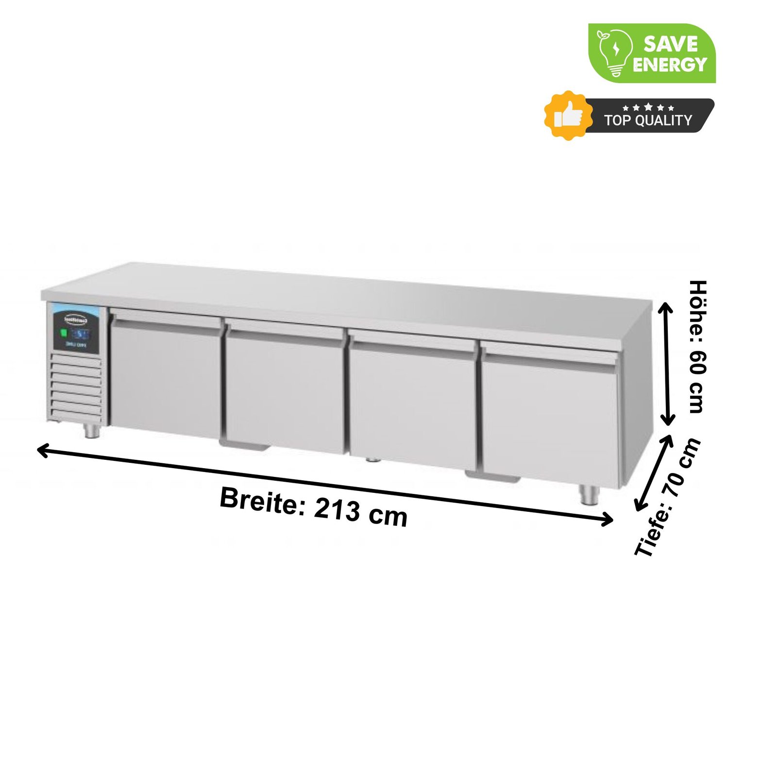 Unterbau Kühltisch – 213 x 70cm 4 Schubladen– 360 Liter