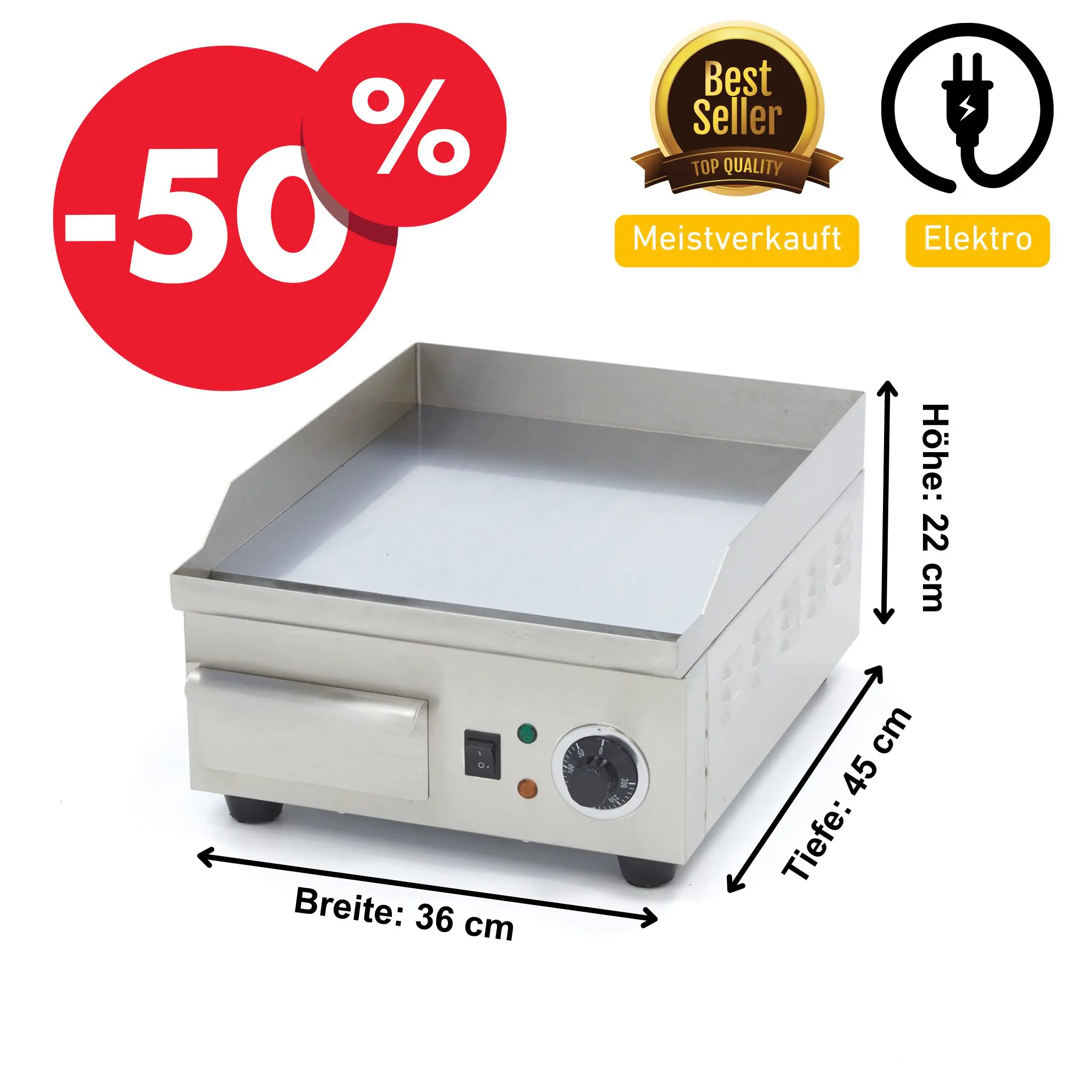 Elektro Grillplatte 36 cm Chrom 230 Volt – 2 kW inkl. Tropfschale