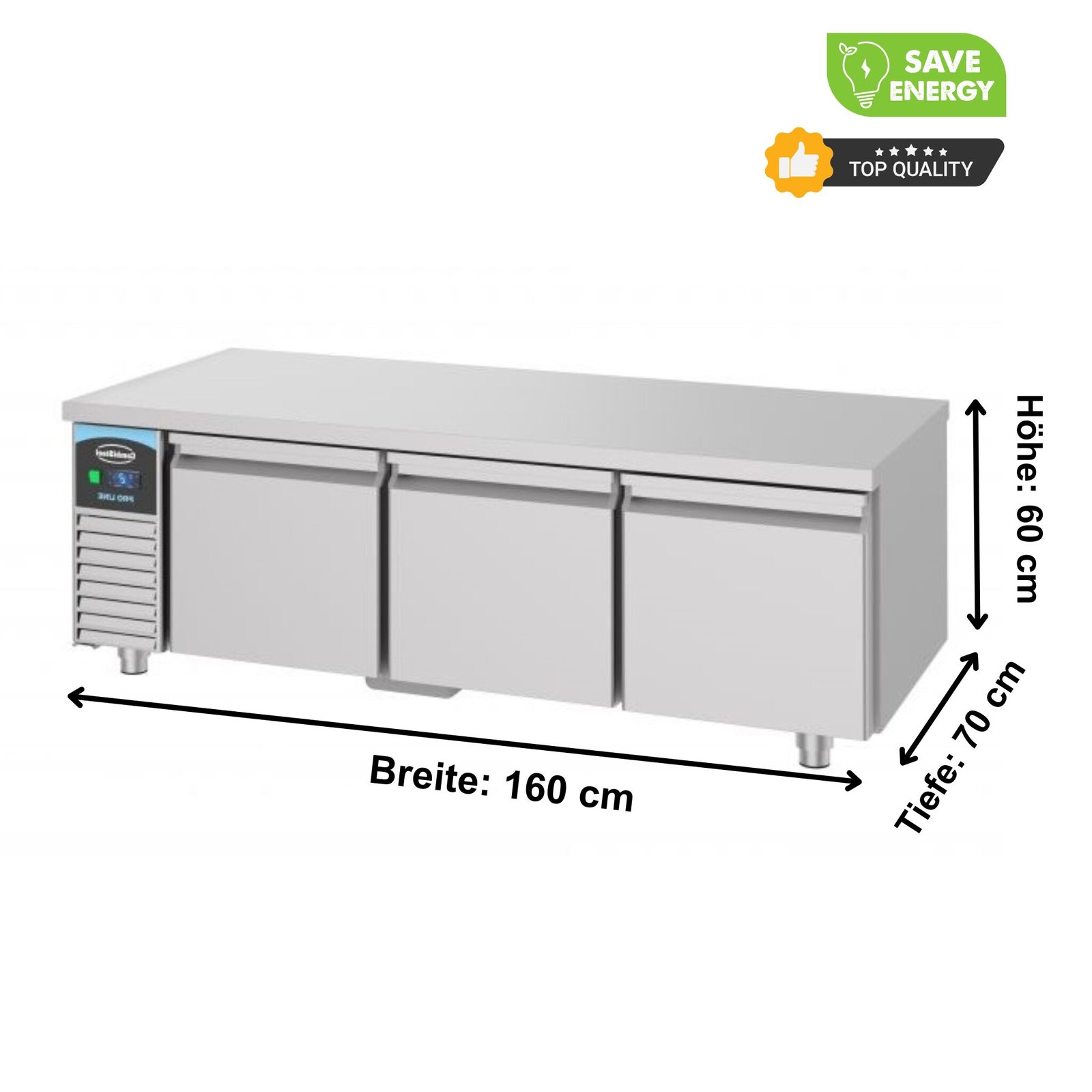 Unterbau Kühltisch –160 x 70cm 3 Schubladen– 280 Liter