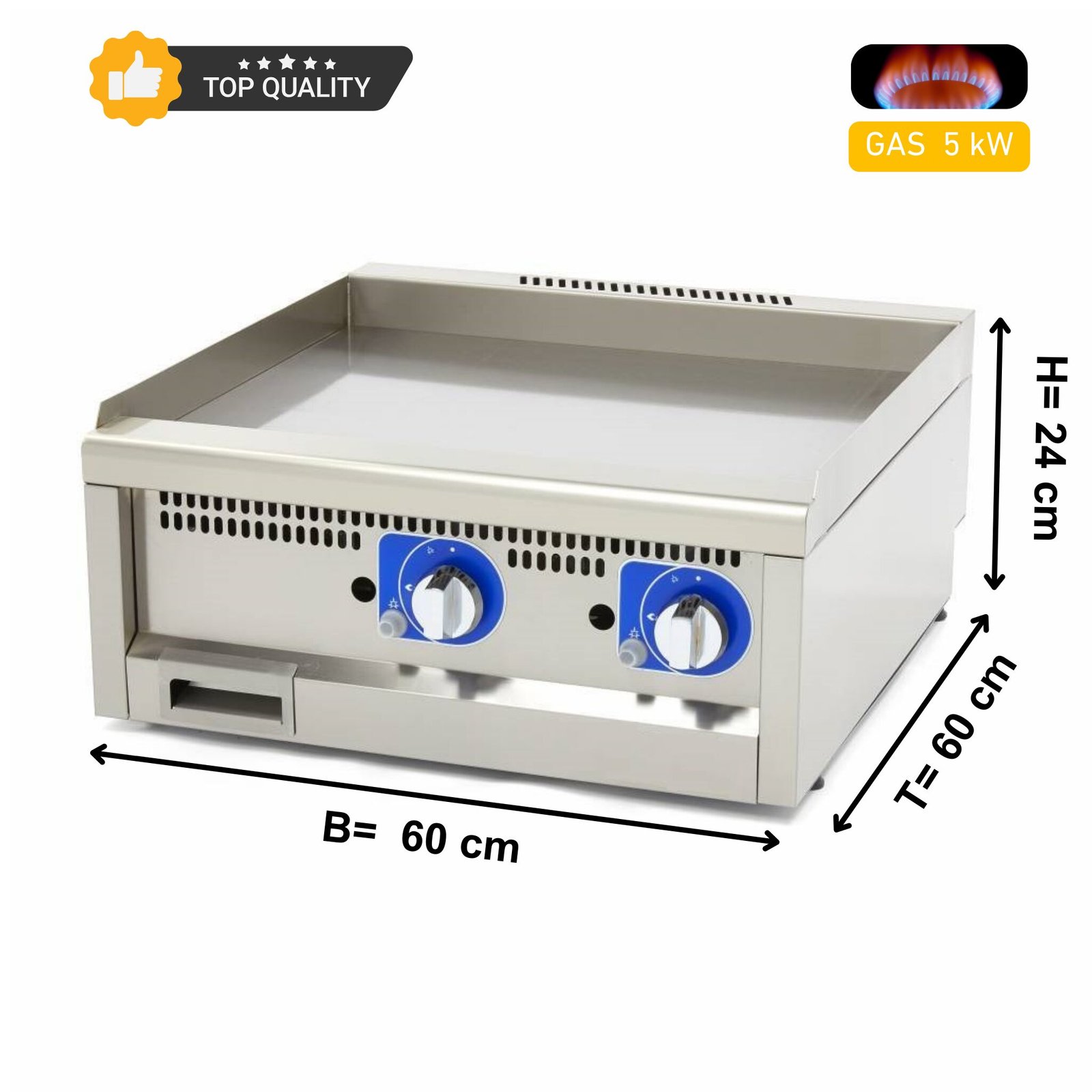 Gas Grillplatte – 60 x 60 cm- 5 kW – Doppeleinheit – Glatt