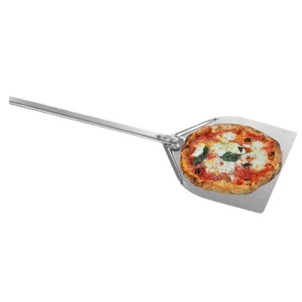 Aluminium-Pizzaschaufel mit eckiger Schaufelfläche (32 x 30 cm), Gesamtlänge 152 cm.