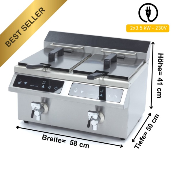 Induktion Fritteuse 2 x 8 Liter mit Ablasshahn – 2 x 3,5 kW, 230 V