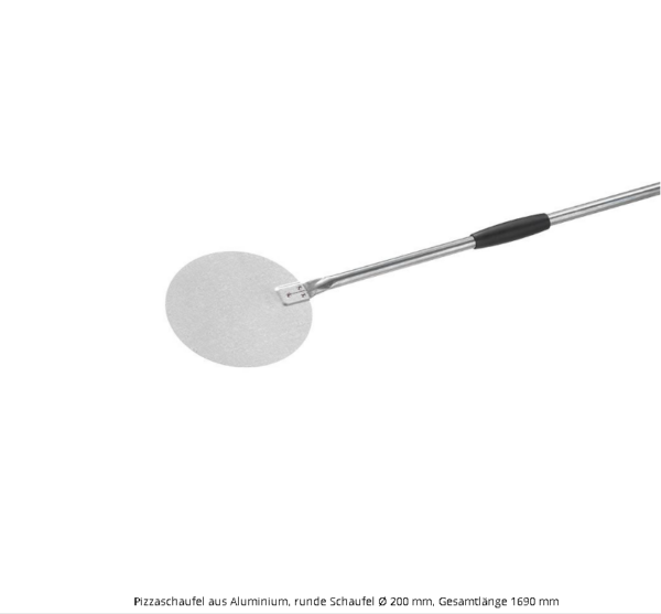 Pizzaschaufel aus Aluminium mit runder Schaufelfläche (Ø 20 cm), Gesamtlänge 169 cm.